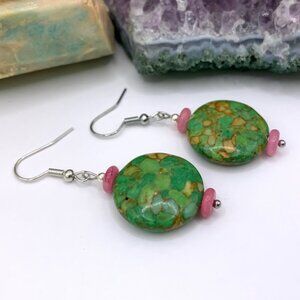 Green Mosaic Magnesite & Pink Beads Handmade Pierced Earrings LR163